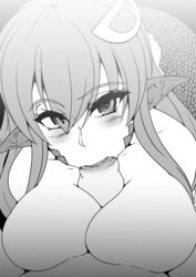 blowjob coiling elakan facial_scales fellatio hair hair_ornament just_the_tip lamia large_breasts long_ears long_hair looking_at_viewer miia_(monster_musume) monochrome monster monster_girl monster_musume_no_iru_nichijou no_bra no_nipples oral outercourse paizuri reptile scalie_ears snake