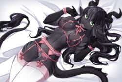 2017 anthro areola bed biped black_areola black_ears black_hair black_horn black_nipples black_scales black_tail blush bow bow_tie bowtie bra breasts clothed clothing crotchless_panties cupless_bra dragon dragon_girl female fingerless_(marking) garter_belt green_eyes hair hi_res horn iwbitu legwear lingerie long_hair long_tail looking_at_viewer lying melanistic mostly_nude nippleless_bra nipples non-mammal_breasts on_back on_bed open_mouth panties pink_lingerie pink_underwear portrait pose posing presenting pussy reptile ribbon scales scalie simple_background smile solo stockings tail_tuft thigh_highs three-quarter_portrait tongue tuft underwear