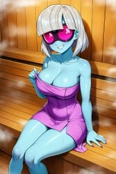 1girls ai_generated big_breasts black-framed_eyewear breasts cleavage equestria_girls female female_only friendship_is_magic hasbro looking_at_viewer my_little_pony nai_diffusion nail_polish naked_towel novelai photo_finish_(eg) photo_finish_(mlp) purple-tinted_eyewear round_eyewear sauna smile solo solo_female stable_diffusion steam steamy sweat teasing thighs towel