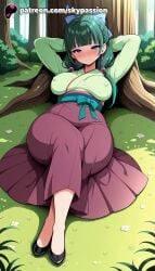 1girls 2025 against_tree ai_assisted ai_generated anime arms_behind_head arms_up artist_name bamboo bamboo_forest bangs big_breasts big_breasts big_breasts big_chest blue_eyes blunt_bangs blush breast breasts breasts breasts bush bust busty chest closed_mouth day explicit eyebrows_visible_through_hair female field forest grass green_hair hakama hakama_skirt half-closed_eyes hi_res high_quality high_resolution highres hill japanese_clothes kimono kusuriya_no_hitorigoto large_breasts laying_down long_hair looking_at_viewer lying lying_on_back maomao_(kusuriya_no_hitorigoto) nature on_back on_grass on_ground outdoors path patreon patreon_username river skirt skypassion smile solo stable_diffusion tatami tree trembling under_tree very_long_hair watermark wide_sleeves