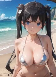 1girls 2d ai_generated areolae armpit bare_arms bare_legs bare_shoulders beach belly big_breasts bikini bikini_bottom bikini_top black_hair blue_eyes bob_cut breasts chest curvy curvy_figure cute cute_face detailed dungeon_ni_deai_wo_motomeru_no_wa_machigatteiru_darou_ka eyelashes eyeshadow female female_only fit fit_female focus grey_hair hair hestia_(danmachi) high_quality legs light-skinned_female light_skin lips lipstick long_hair looking_at_viewer micro_bikini nero100 outdoors pale-skinned_female pale_skin petite petite_body posing seductive seductive_look stable_diffusion surprised tagme teenager thighs thin_waist twintails young