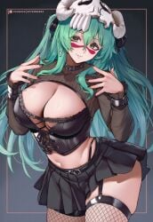 1girls ai_generated bangs black_skirt bleach breasts cleavage closed_mouth cowboy_shot crop_top cross earrings facial_mark female female_only fishnet_legwear fishnets goat goth_girl green_eyes green_hair hair_between_eyes huge_breasts jewelry large_breasts light-skinned_female long_hair long_sleeves looking_at_viewer mask midriff miniskirt navel nelliel_tu_odelschwanck pleated_skirt setsuaiart skirt skull smile solo thighhighs underwear very_long_hair
