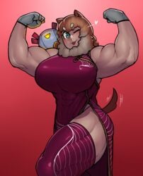 abs armpits big_breasts blue_eyes cheongsam dog_ears dog_tail felicia_(krekk0v) flexing krekk0v looking_at_viewer monster_girl muscular muscular_female original size_difference smile thick_thighs thighhighs wink