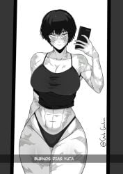 1female 1girls 2d abs big_breasts black_and_white bra breasts female female_focus female_only gato_gratam glasses jujutsu_kaisen lingerie panties scar short_hair thick thick_ass thick_thighs thighs wide_hips zenin_maki