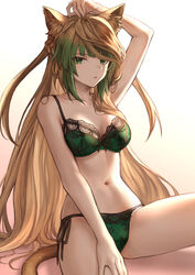 atalanta_(fate) blonde_hair bra braided_hair breasts cat_ears cat_tail catgirl fate/grand_order fate_(series) female green_eyes green_hair green_lingerie green_panties lingerie long_hair looking_at_viewer mashu_003 open_mouth panties side-tie_panties sitting solo_focus two_tone_hair underwear