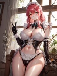 ai_generated apron bangs black_gloves blush breasts cleavage cowboy_shot earrings elbow_gloves eyebrows_visible_through_hair female frills gloves green_eyes heterochromia highleg indoors jewelry large_breasts leotard long_hair maid maid_headdress navel sidelocks smile solo