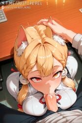 1boy ai_generated alice_thymefield animal_ear_fluff animal_ears black_pants blonde_hair blush braid breasts cat_ears cat_girl collared_shirt cum cum_in_mouth cum_overflow desk dress_shirt erection fellatio female from_above hair_ornament hand_on_another's_head head_grab heterochromia indoors just_pepel large_breasts long_hair looking_at_viewer looking_up male open_fly oral orange_eyes pants penis penis_out pov red_eyes red_ribbon ribbon saliva shirt side_braid solo_focus straight trembling uncensored under_the_table white_shirt yellow_eyes zenless_zone_zero