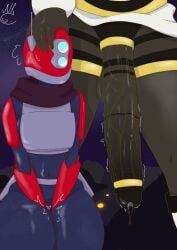 2d 2d_(artwork) 2d_artwork armor armored_female artificer_(risk_of_rain) black_body black_skin cock cock_ring female futa_on_female futanari hand_on_another's_head huge_cock huntress_(risk_of_rain) intersex looking_at_penis nekojaanai nervous penis precum precum_drip precum_string risk_of_rain risk_of_rain_2 scarf skinsuit skirt sweatdrop veins veiny_penis