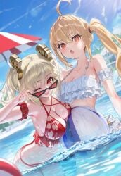 2girls adjusting_eyewear ahoge arm_garter arm_strap armband ball bangs bare_shoulders beachball bikini blonde_hair breasts burnice_white cleavage collarbone day frills halterneck innertube large_breasts long_hair looking_at_viewer looking_over_eyewear looking_over_sunglasses luciana_de_montefio mask multiple_girls navel ocean one_eye_closed open_mouth orange_eyes red_bikini red_eyes short_hair smile stomach sunglasses swimsuit tinted_eyewear twintails umbrella water white_bikini yuneillusts zenless_zone_zero