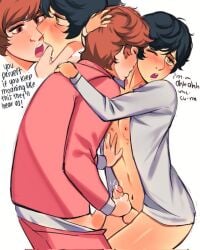 2boys bite_mark black_hair blush brown_eyes brown_hair ejaculation finger_in_another's_mouth gay handjob hazel_eyes hickey_marks john_lennon male male/male male_only paul_mccartney tagme the_beatles