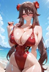 1girls 2d ai_generated beach big_breasts bikini_pull black_nails blush breasts brown_hair embarrassed female female_only fit fit_female flower_in_hair genshin_impact hu_tao_(genshin_impact) huge_breasts light-skinned_female long_hair looking_at_viewer one-piece_swimsuit self_upload shiny_clothes shiny_skin solo steam sweat swimsuit thick_thighs wide_hips