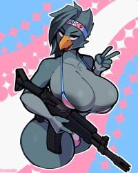 absurd_res ak_platform anthro areola avian beak big_breasts bikini bird breasts bulge clothing conditional_dnp digital_media_(artwork) female gesture gun gynomorph hair hand_gesture hi_res holding_object holding_ranged_weapon holding_weapon huge_breasts intersex lgbt_pride looking_at_viewer nipples pride_colors ranged_weapon remanedur simple_background solo swimwear thick_thighs trans_(lore) trans_woman_(lore) transgender_pride_colors two-piece_swimsuit v_sign weapon wide_hips