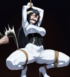 ai_generated albedo_(overlord) arms_up big_breasts black_hair bondage breasts corset female gagged gagged_female high_heels latex long_hair overlord rope rope_bondage whip yellow_eyes