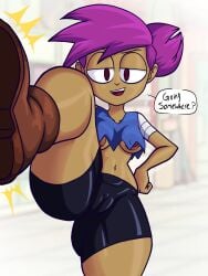 areolae boots breasts brown_eyes cartoon_network clitoris enid female female_focus hair hand_on_hip high_resolution highres looking_at_viewer mexicanjoe nipples ok_k.o.!_let's_be_heroes pov purple_hair pussy pussy_visible_through_clothes shorts speech_bubble underboob