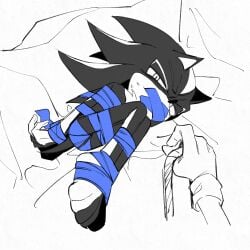 2boys arms_behind_back bondage eulipotyphlan feet_together gay gay_male gloves in_bag knees legs_together lying_on_side male male_only monochrome paws restrained sacked satosi_peter shadow_the_hedgehog sonic_(series) sonic_the_hedgehog sonic_the_hedgehog_(series) squinting tape_bondage tape_gag taped_mouth thighs_together unwrapping yaoi