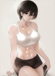 1girls abs asian asian_female attack_on_titan black_hair clothed clothed_female female female_only fully_clothed hair_between_eyes mikasa_ackerman muscles muscular muscular_female pale-skinned_female pale_skin scar scar_on_face shingeki_no_kyojin short_hair shorts solo solo_female tommietomm wholesome workout_clothes