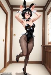 ai_generated animal_ears black_bow black_bowtie black_footwear black_hair black_leotard black_pantyhose bleach bow bowtie breasts bunny_pose cleavage detached_collar fake_animal_ears female full_body hair_between_eyes high_heels high_resolution highleg highleg_leotard highres indoors kuchiki_rukia leotard looking_at_viewer medium_breasts pantyhose playboy_bunny purple_eyes rabbit_ears rabbit_tail short_hair solo stable_diffusion standing standing_on_one_leg strapless strapless_leotard tail waifuscans418 wrist_cuffs