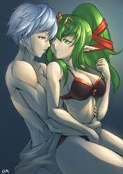 1boy 1girls bra breasts deekei female fire_emblem fire_emblem_awakening green_eyes green_hair looking_at_partner male manakete nintendo panties robin_(fire_emblem) robin_(fire_emblem)_(male) tiki_(adult)_(fire_emblem) tiki_(fire_emblem) underwear white_hair wholesome