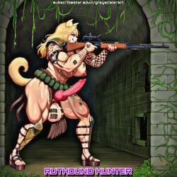 ai_assisted ai_generated aiming barcode_tattoo blonde_hair canine_genitalia canine_humanoid canine_penis dog_ears dog_girl dog_humanoid dog_tail fantasy female futa_only futanari grenade greyscaler holding_weapon intersex penis platform_footwear platform_sandals pouches rifle sandals solo solo_futa world_of_lust:_the_spire