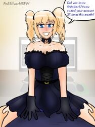 1boy 1girls ani_(twitter) artist_name artist_upload big_breasts black_gloves blonde_hair blue_eyes blush breasts clothing dialogue female funny gloves grok grok_(x) looking_at_viewer male on_top polisilver ponytail self_upload text text_bubble twintails twitter twitter_link twitter_username