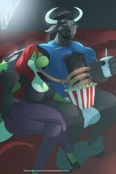 2018 anthro anthro_only balls big_breasts black_hair bovid bovine breasts bucket cleavage clothed clothing desire_yoshi dinosaur duo erection female food green_yoshi grope hair huge_breasts long_tongue male mammal mario_(series) minotaur movie_theater muscular nintendo open_mouth oral penis popcorn reptile scalie sex smile thebigbadwolf01 thick_thighs tongue tongue_out tonguejob video_games yoshi