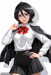 ai_generated bangs black_hair black_jacket black_skirt bleach bow bowtie breasts collared_shirt cowboy_shot dress_shirt female hair_between_eyes hand_on_hip high_resolution highres jacket jacket_on_shoulders jacket_removed kuchiki_rukia long_sleeves looking_at_viewer open_mouth pleated_skirt purple_eyes red_bow red_bowtie school_uniform shirt short_hair simple_background skirt smile solo stable_diffusion teeth waifuscans418 white_background white_shirt