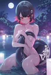 1girls bangs black_hair blurry blurry_background blush breasts closed_mouth collarbone completely_nude covering ellen_joe eyebrows_visible_through_hair female full_moon hairclip large_breasts looking_at_viewer multicolored_hair night nude outdoors red_eyes red_hair short_hair sitting soaking_feet solo towel two-tone_hair water wet yuneillusts zenless_zone_zero