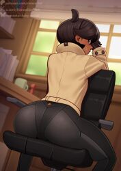 ass ass_focus black_bodysuit black_hair bodysuit book bookshelf brown_coat bubble_butt coat cowboy_shot dark-skinned_female dark_skin deilan12 desk emma_(pokemon) emma_(pokemon_legends:_z-a) facing_viewer female from_behind game_freak gloves hair_ornament hand_on_hip hand_on_own_hip indoors legs legs_together long_sleeves looking_at_viewer looking_back matiere_(pokemon) matiere_(pokemon_legends:_z-a) nintendo plant pokemon pokemon_legends:_z-a purple_eyes raised_eyebrows roncostar short_hair sleeves standing sunlight surprised thighs tomboyish window