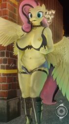 2019 3d anthro bckiwi belly big_breasts boots bra breasts cigarette cigarillo clitoris clothing collar cutie_mark ear_piercing equine eyelashes eyeliner female fishnet fishnet_legwear fluttershy_(mlp) footwear friendship_is_magic hair hi_res highlights huge_breasts legwear looking_at_viewer makeup mammal muscular my_little_pony nipple_piercing nipples nude open_bra panties pegasus piercing pink_hair presenting presenting_breasts presenting_pussy pubes pussy rubber shorts smile smoke smoking solo straight_hair street thick_thighs underwear wings