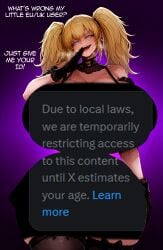 1girls 2025 ai_generated ani_(twitter) ani_(xai) big_breasts black_gloves blonde_female blonde_hair blonde_hair_female blue_eyes breasts breasts_bigger_than_head censored covering_mouth curvaceous curvaceous_figure curves curvy curvy_body curvy_female curvy_figure curvy_hips due_to_local_laws female female_focus female_only gigantic_breasts gloves glowing_eyes goth goth_girl grok grok_(twitter) grok_(x) grok_(xai) hips hips_wider_than_shoulders huge_breasts large_breasts laugh laughing lingerie long_hair looking_at_viewer mocking mocking_viewer narrow_waist naughty_face nunai online_safety_act open_mouth shadow solo solo_female solo_focus steam steamy_breath thick_thighs thighhighs thighs_bigger_than_head twintails venus_body voluptuous voluptuous_female wide_hips