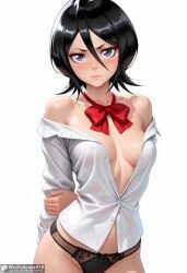 ai_generated arm_behind_back arms_behind_back bare_shoulders black_hair black_panties bleach blush bow bowtie breasts closed_mouth collarbone covered_nipples cowboy_shot dress_shirt female hair_between_eyes high_resolution highres kuchiki_rukia long_sleeves looking_at_viewer medium_breasts no_bra off_shoulder open_clothes open_shirt panties patreon_username purple_eyes red_bow shiny shiny_hair shiny_skin shirt short_hair simple_background small_breasts solo stable_diffusion underwear waifuscans418 watermark web_address white_background white_shirt
