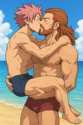 ai_generated beach fairy_tail gay gildarts_clive kissing male male_only natsu_dragneel shorts