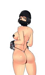 1girls back_view beanie bikini bikini_bottom bikini_tug black_eyes black_hair breasts campi canadian_flag cowboy_shot curvy female female_only flag_bikini frost_(rainbow_six) gloves hat highres human large_breasts looking_back maple_leaf mask medium_breasts naked_hat nipple_tape pasties rainbow_six rainbow_six_siege short_hair sideboob simple_background skimpy solo standing tom_clancy topless white_background