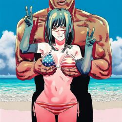 1boy 1boy1girl 1girls ai_generated american_flag american_flag_bikini black_hair chainsaw_man cuckolding dark-skinned_male demon demon_girl devil devil_girl female heroine interracial japanese_female light-skinned_female male mitaka_asa netorare ntr ringed_eyes scar scar_on_face spiral_eyes straight yoru_(chainsaw_man)