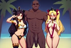 1boy 2girls ai_generated bald barely_clothed beach big_breasts big_penis bikini black_hair blonde_hair blush blushing_at_viewer breasts completely_naked completely_nude completely_nude_male crown cuckold cuckold_pov dark-skinned_male dark_hair dark_skin ereshkigal_(fate) faceless_male fate/grand_order fate_(series) female full_body hands_on_own_chest huge_cock interracial ishtar_(fate) light-skinned_female light_skin long_hair looking_at_viewer male muscular muscular_male naked_male peace_sign penis posing posing_for_the_viewer red_eyes smug thick_thighs tree tropical v_sign wet