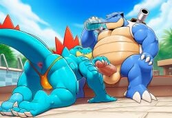2boys ai_generated anthro anus bara barefoot blastoise blue_body cannon crocodilian drinking feraligatr from_below handjob male male/male male_only musclegut muscular nude pokemon pokemon_(species) scalie shell speedo swimming_pool turtle yaoi