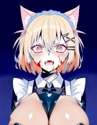 ai_generated big_breasts blood_on_face cat_ears clothing fangs hair_ornament huge_breasts maid maid_headdress pixai ribbon tagme
