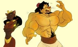 abs aladdin aladdin_(character) anthro black_hair felid felid_humanoid feline fez fur lion_humanoid male mirage_(aladdin) muscle_growth muscles muscular muscular_male pecs shenanigan shenanigan! shirtless shirtless_male species_transformation tagme transformation transformation_through_magic unwanted_transformation