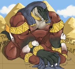 anthro bodily_fluids deity drooling duo egyptian_mythology genitals hi_res horus male male/male male_only middle_eastern_mythology midnightsultry muscular muscular_male mythology nipple_piercing nipples penis piercing saliva sex sobek tagme