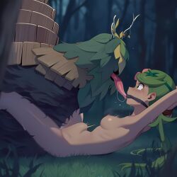 1boy 1girls ai_generated arms_tied breasts dadfox female forest gag green_eyes green_hair licking licking_face male mallow_(pokemon) motion_blur nude nudist on_back outdoors pokemon pokemon_sm pokephilia rape restrained sex stomach_bulge tears tongue tongue_out wide_eyed wo-chien