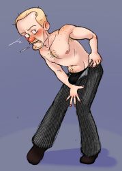 beard black_underwear blonde_hair blush body_freckles body_hair bulge cigarette covering_self disney dressing embarrassed facial_hair getting_dressed happy_trail horst(ratatouille) male male_only moustache pixar ratatouille smoking socks surprised walked_in_on