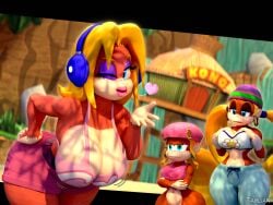 3d 3girls anthro ass big_ass big_breasts blonde_hair blowing_kiss blue_eyes bottom_heavy bottomless breast_envy breasts busty candy_kong cleavage clothing crop_top dixie_kong donkey_kong_(series) ear_piercing earrings female female_only furry furry_only hat headphones huge_breasts jealous large_breasts leaning_forward long_hair looking_at_breasts looking_at_self looking_at_viewer looking_down outdoors pants piercing png primate shirt shorts tahlian thick_thighs tiny_kong wide_hips wink winking_at_viewer
