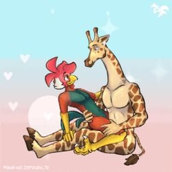 animated anthro avian bird chicken digital_media_(artwork) duo galliform gallus_(genus) giraffe giraffid kiss_on_lips low_res male male/male mammal nude phasianid simple_background zaryuzu_73