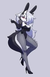animal_ears breasts bunny_ears bunnysuit cleavage elbow_gloves female frowntown full_body gloves hair_over_one_eye helluva_boss high_heels long_hair loona_(helluva_boss) pantyhose solo tail