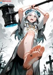ai-created ai_generated aqua_eyes arm arms_up bangs barefoot blue_eyes blue_hair blush clothing cross dirty doll_joints dress elden_ring elden_ring_nightreign feet female flower foot_focus graveyard grey_hair hair_flower hair_ornament hammer head_wreath headwear high_resolution holding holding_hammer holding_object holding_weapon joints legs long_hair looking_at_viewer male meme nofuckinggame open_mouth outdoors parted_bangs revenant_(nightreign) sky soles solo sword toes tombstone tree very_high_resolution viewed_from_below weapon white_dress