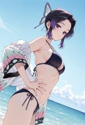1girls ai_generated bangs bare_shoulders beach bikini black_bikini black_hair blue_sky breasts bug butterfly butterfly_hair_ornament cloud cowboy_shot day female forehead_jewel gradient_hair hair_ornament hand_on_hip insects kimetsu_no_yaiba kochou_shinobu looking_at_viewer medium_breasts navel ocean outdoors parted_bangs purple_eyes purple_hair side-tie_bikini sky solo swimsuit water