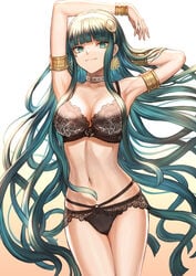 black_bra black_panties bra bracelet breasts cleavage cleopatra_(fate) fate/grand_order fate_(series) female female_only green_eyes green_hair hairband lingerie long_hair looking_at_viewer mashu_003 midriff navel panties seductive seductive_look seductive_smile underwear