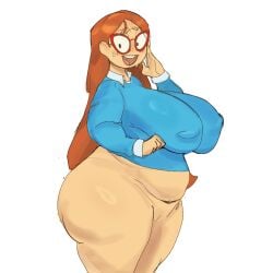 1girls big_breasts blue_shirt bottomless breasts brown_hair eyewear female female_only glasses hair huge_breasts kindergarten_(game) kindergarten_3 koco_gi long_hair mature mature_female ms._lovelett nipple_bulge plump red_glasses shirt smile solo solo_female teacher thick_thighs thighs topwear voluptuous