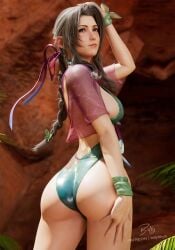 1girls 3d 3d_(artwork) aerith_gainsborough arm_up artist_name ass ass_focus big_ass billyhhyb braid braided_ponytail breasts brown_hair butterfly_ornament closed_mouth cosplay cropped_shirt crossover curvy curvy_figure final_fantasy final_fantasy_vii final_fantasy_vii_remake green_eyes green_one-piece_swimsuit hair_ribbon hand_on_ass hand_on_head hand_on_thigh large_breasts long_hair looking_back marvel marvel_comics marvel_rivals one-piece_swimsuit outdoors patreon_username psylocke psylocke_(breezy_butterfly) psylocke_(breezy_butterfly)_(cosplay) psylocke_(cosplay) psylocke_(marvel_rivals) purple_shirt ribbon see-through_clothes see-through_shirt shirt sideboob signature swimsuit thighs tight_clothes