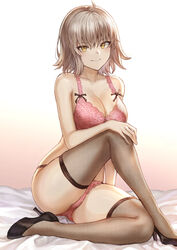 bra breasts cleavage crossed_legs fate/grand_order fate_(series) fishnet_legwear fishnet_stockings fishnets high_heels jeanne_alter lingerie looking_at_viewer mashu_003 panties pink_bra pink_panties smile thighhighs underwear yellow_eyes